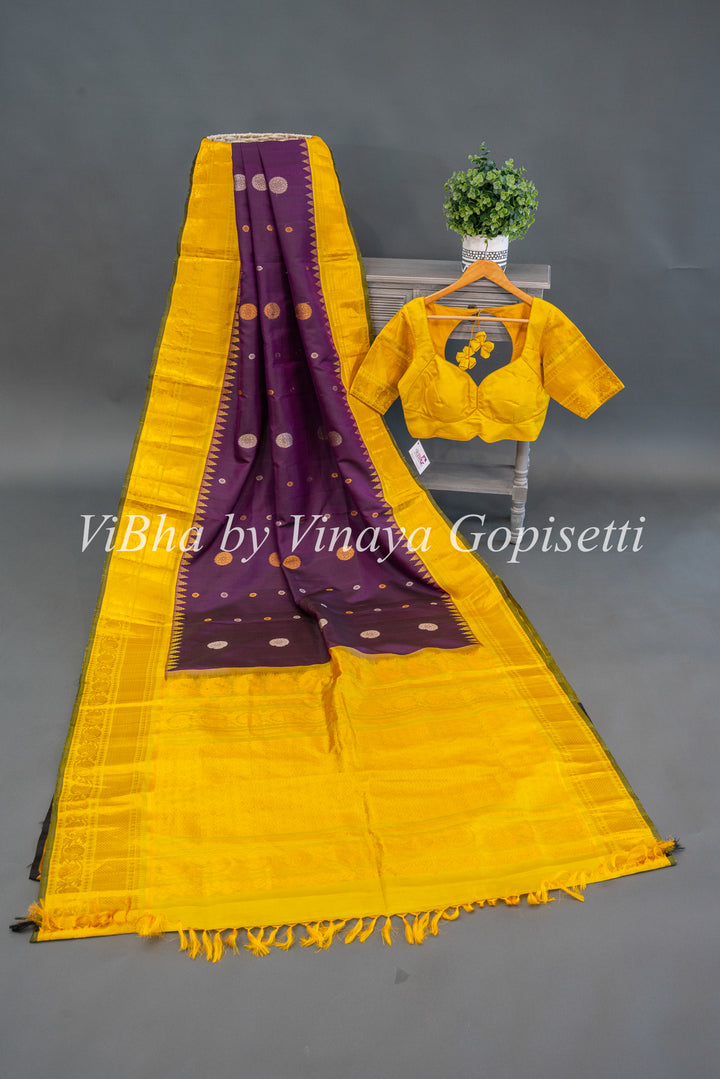 Violet and Yellow Gadwal Silk Saree And Blouse