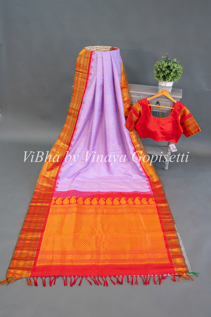 Pale Lavender And Red Gadwal Silk Saree And Blouse