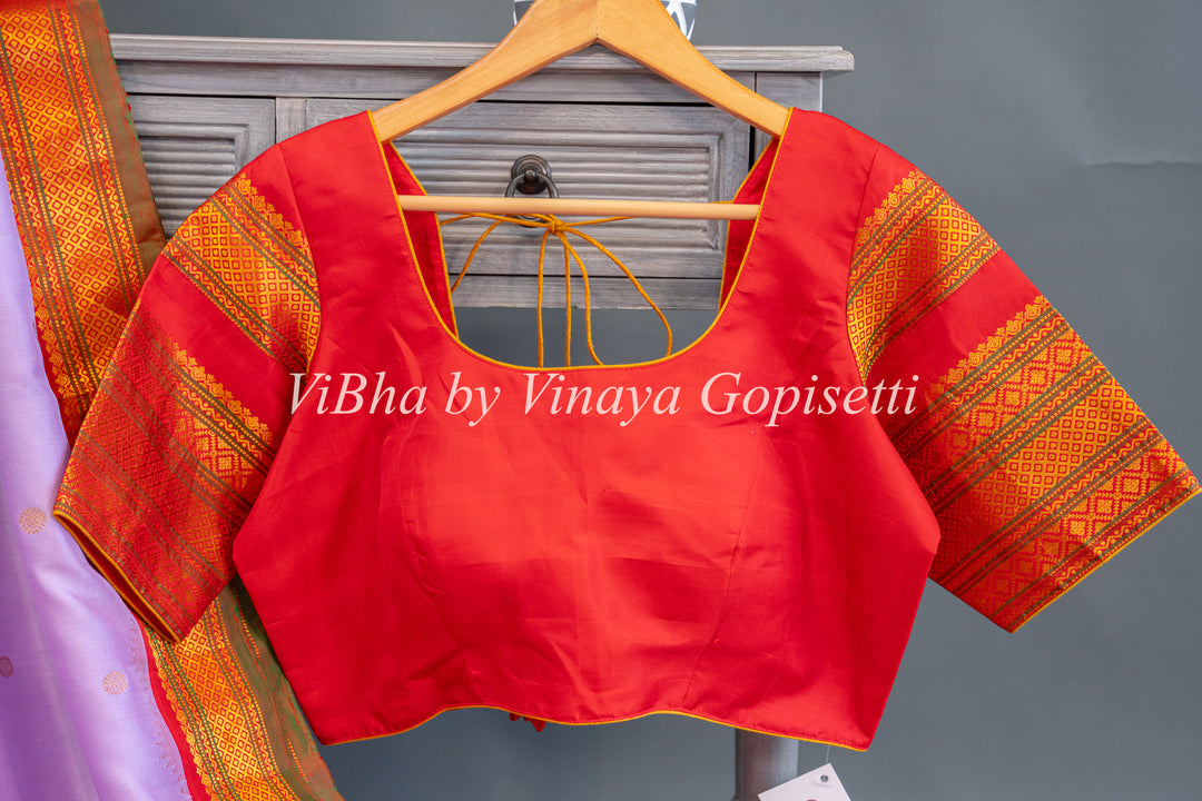 Pale Lavender And Red Gadwal Silk Saree And Blouse