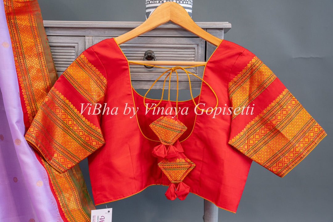 Pale Lavender And Red Gadwal Silk Saree And Blouse