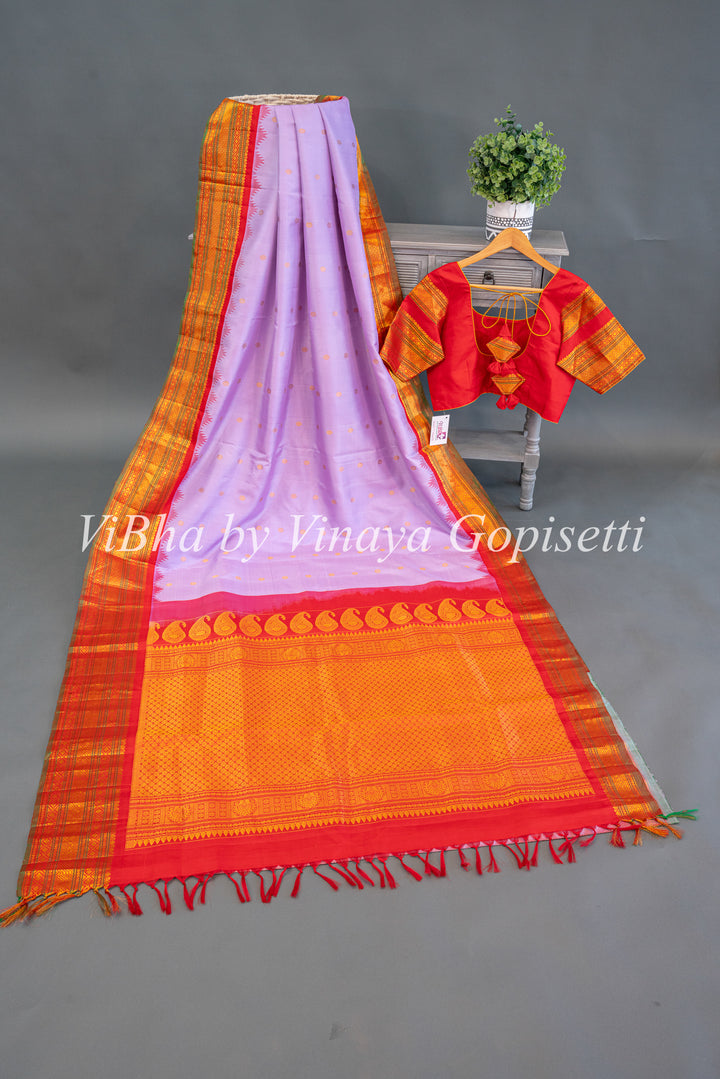 Pale Lavender And Red Gadwal Silk Saree And Blouse