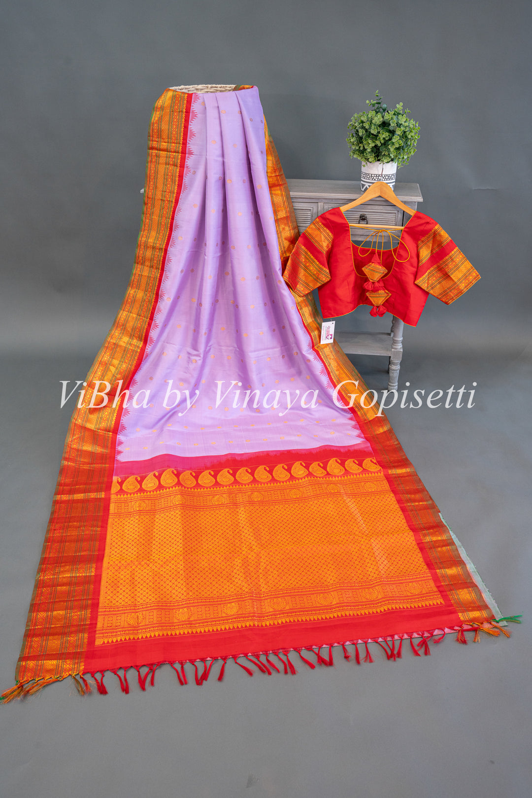 Pale Lavender And Red Gadwal Silk Saree And Blouse