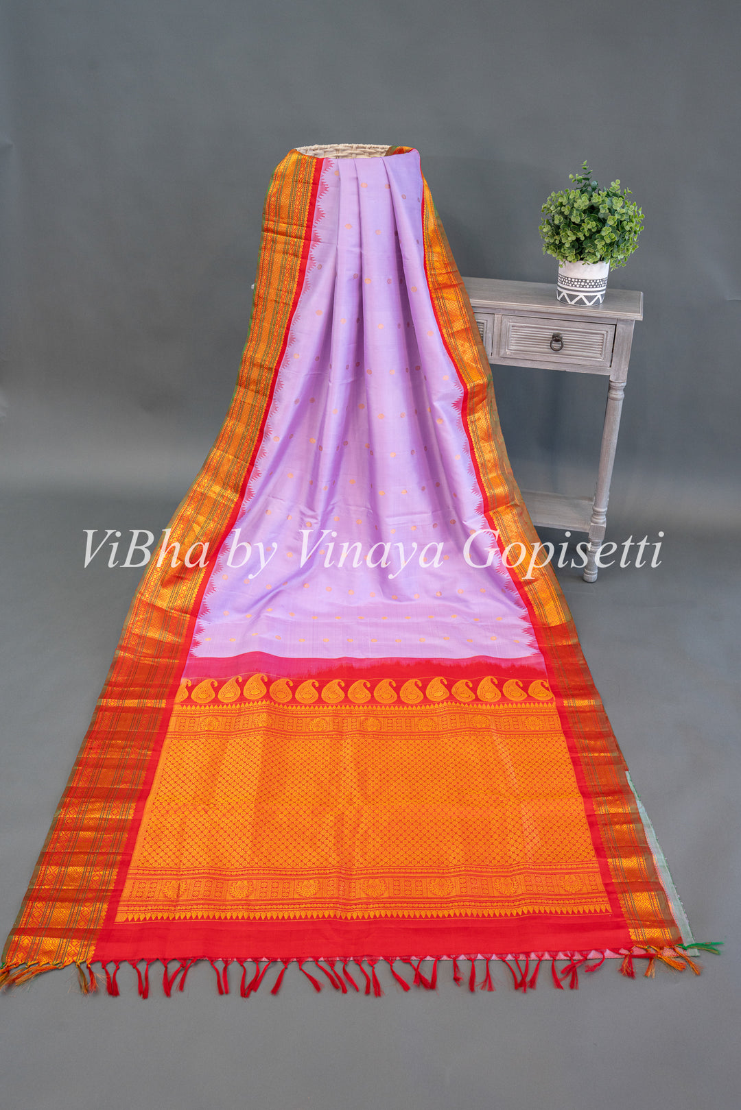 Pale Lavender And Red Gadwal Silk Saree And Blouse