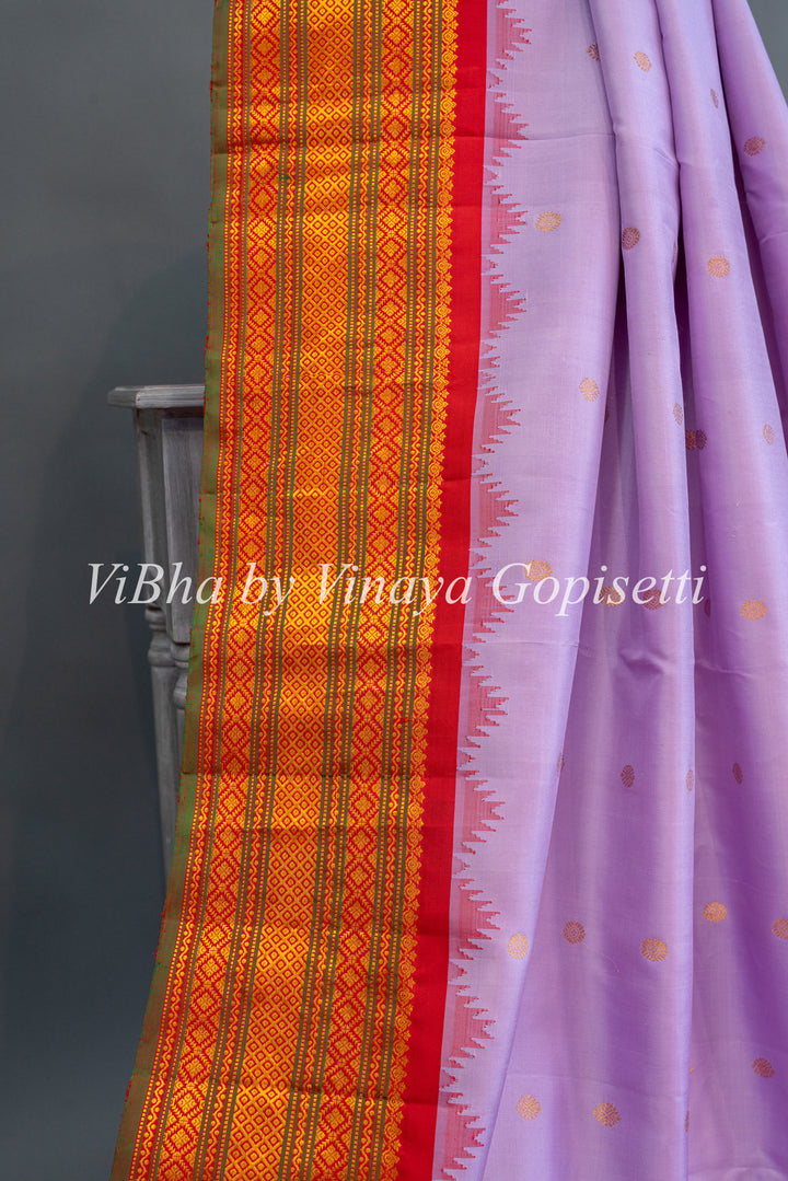 Pale Lavender And Red Gadwal Silk Saree And Blouse