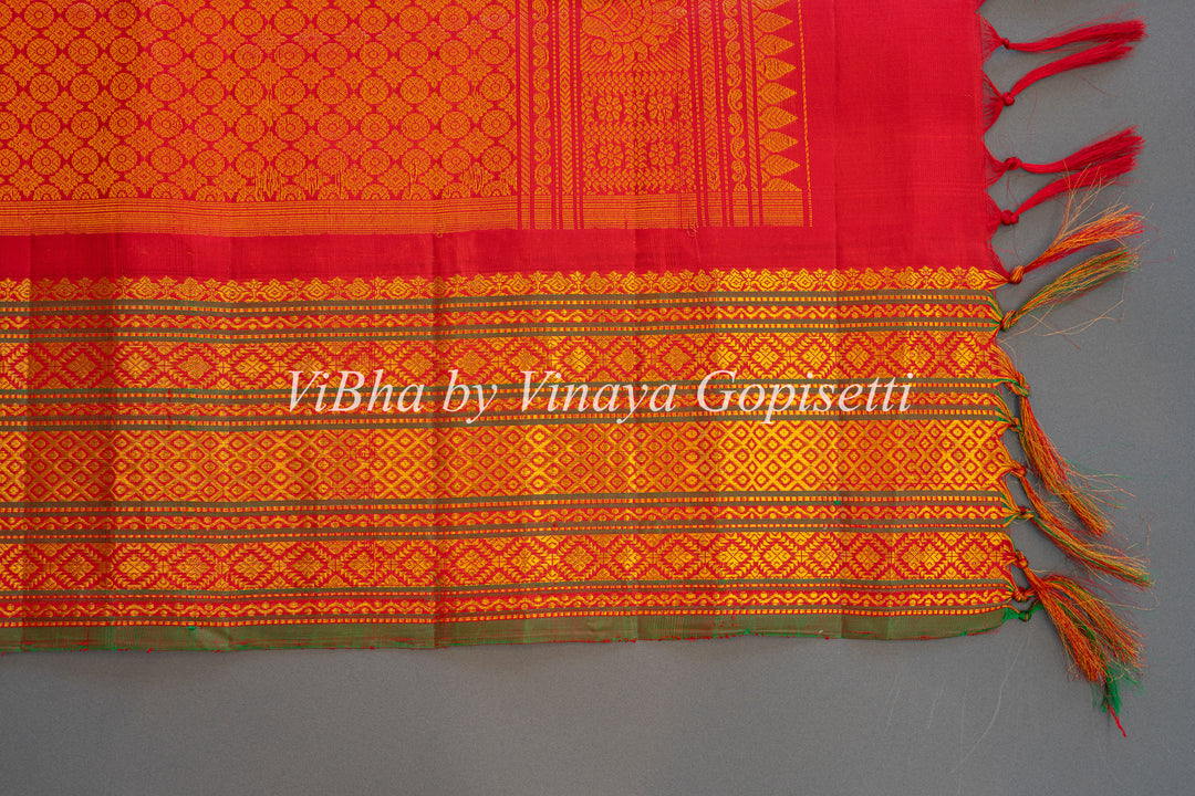 Pale Lavender And Red Gadwal Silk Saree And Blouse