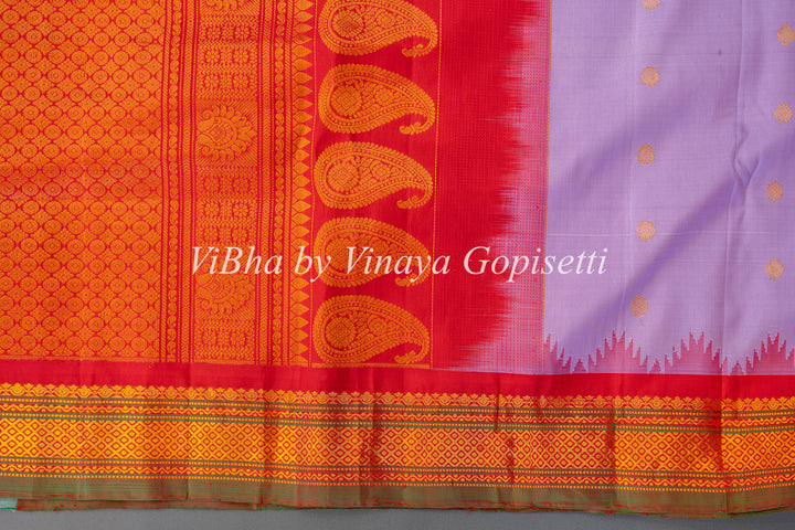 Pale Lavender And Red Gadwal Silk Saree And Blouse