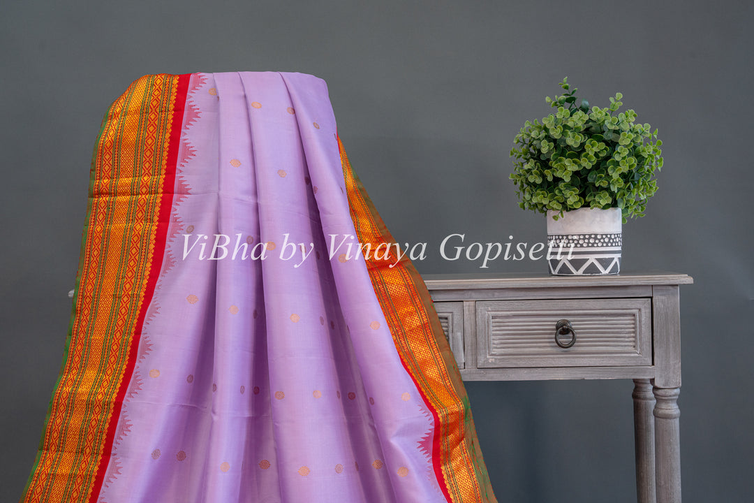 Pale Lavender And Red Gadwal Silk Saree And Blouse