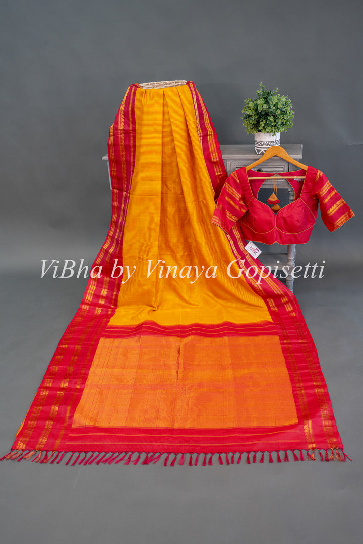 Red and Yellow Gadwal Silk Saree And Blouse