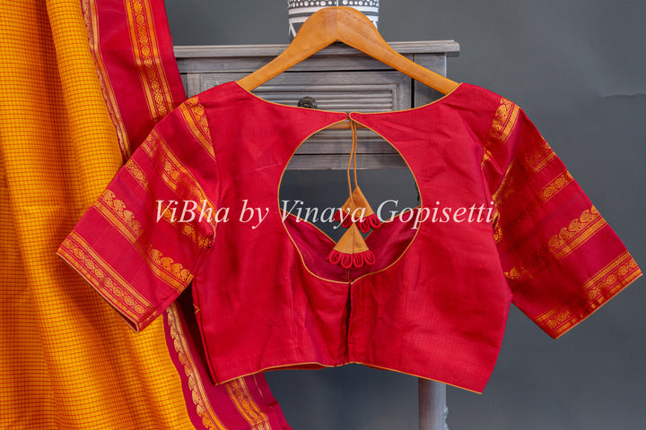 Red and Yellow Gadwal Silk Saree And Blouse