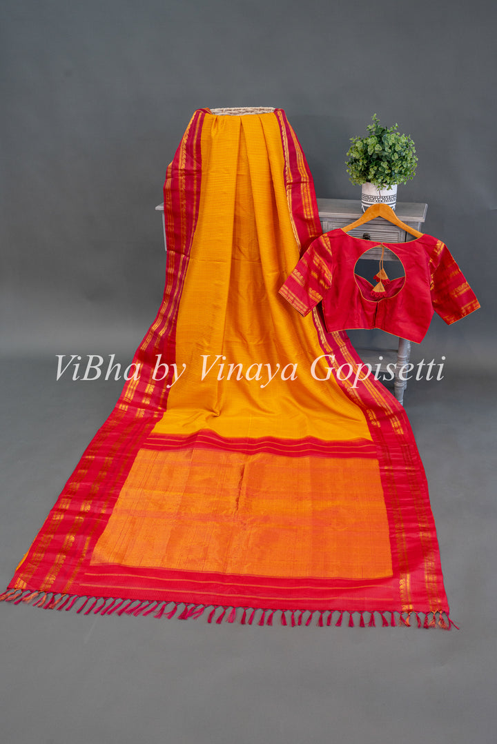 Red and Yellow Gadwal Silk Saree And Blouse