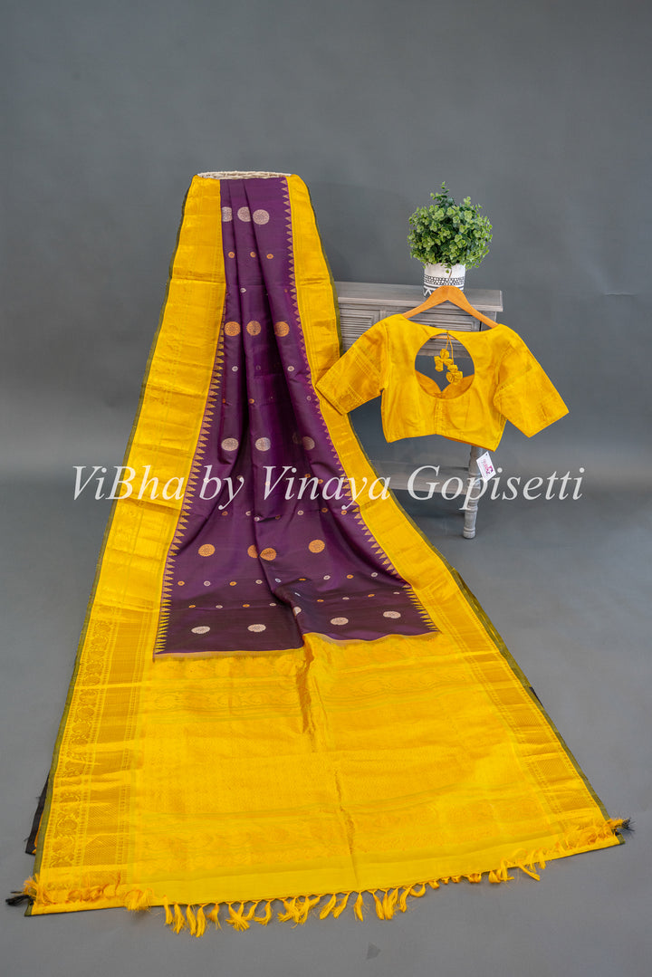 Violet and Yellow Gadwal Silk Saree And Blouse