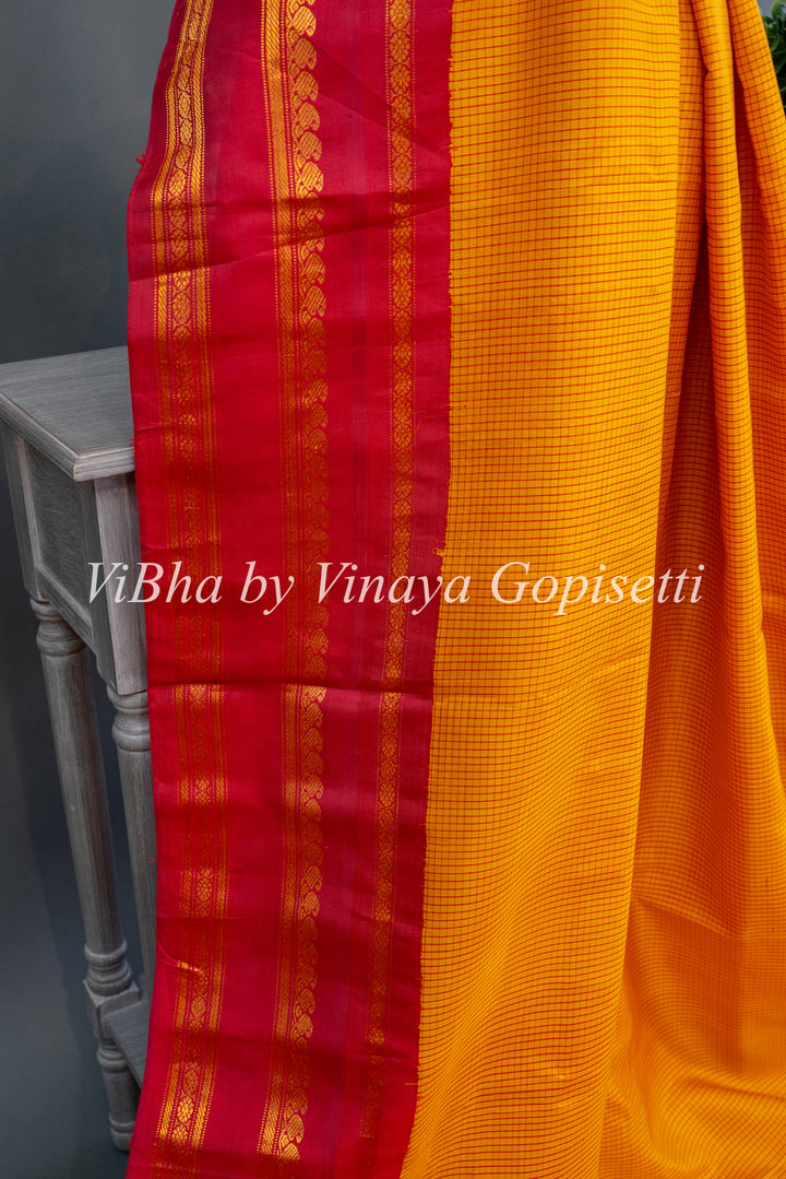 Red and Yellow Gadwal Silk Saree And Blouse