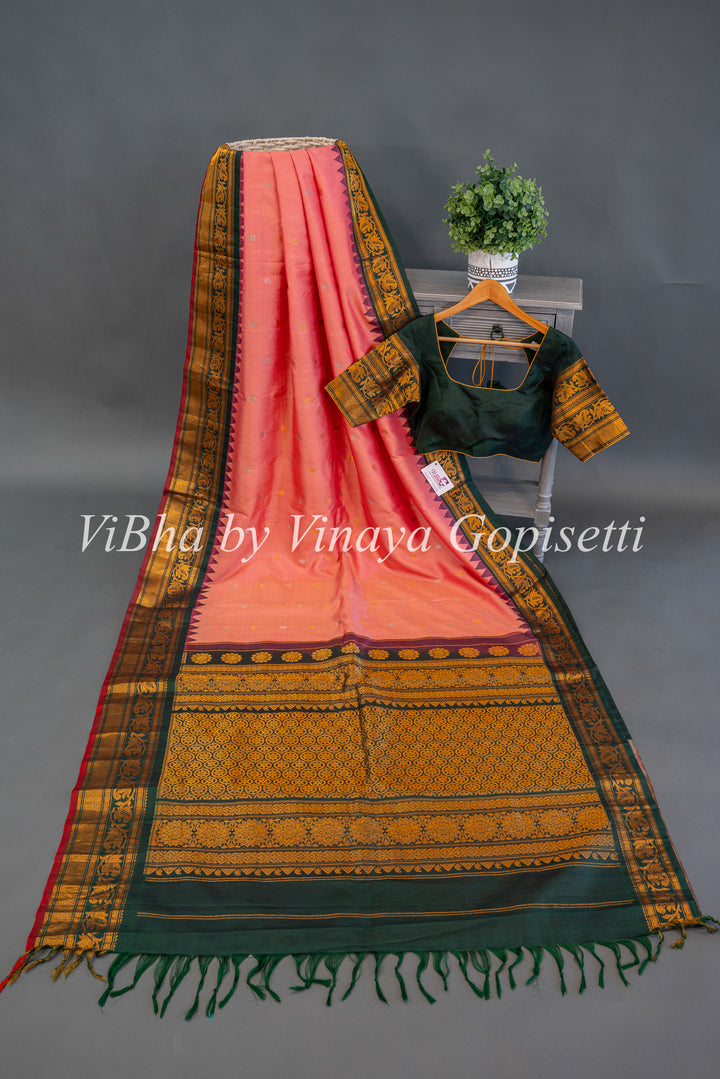 Peach and Dark Green Gadwal SIlk Saree with Blouse