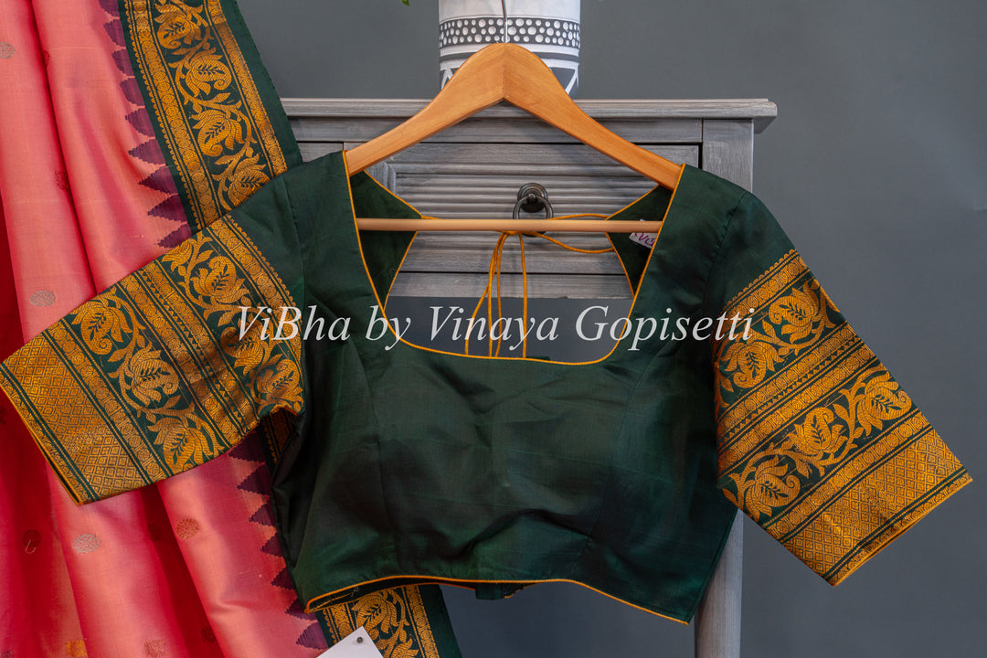 Peach and Dark Green Gadwal SIlk Saree with Blouse