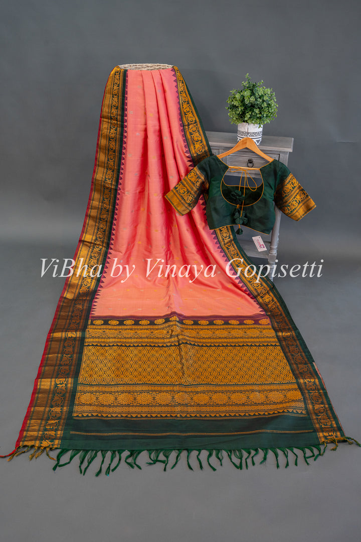 Peach and Dark Green Gadwal SIlk Saree with Blouse