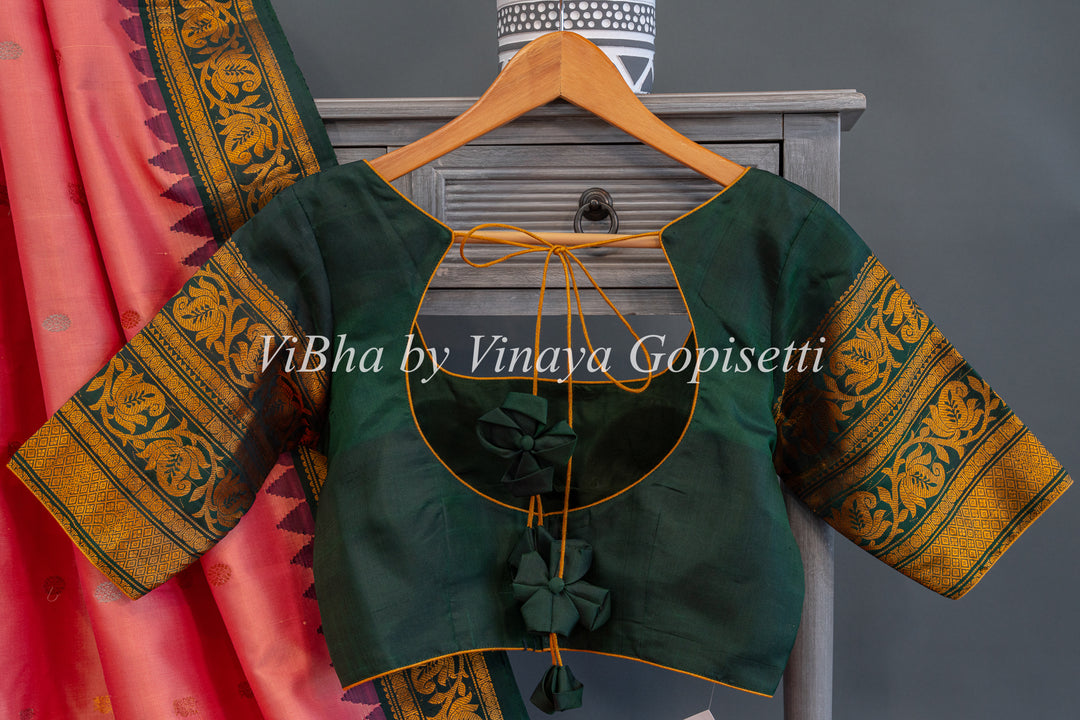 Peach and Dark Green Gadwal SIlk Saree with Blouse