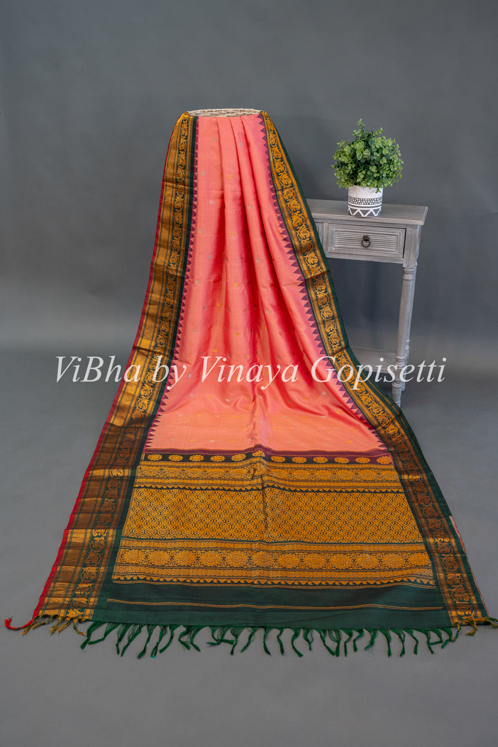 Peach and Dark Green Gadwal SIlk Saree with Blouse