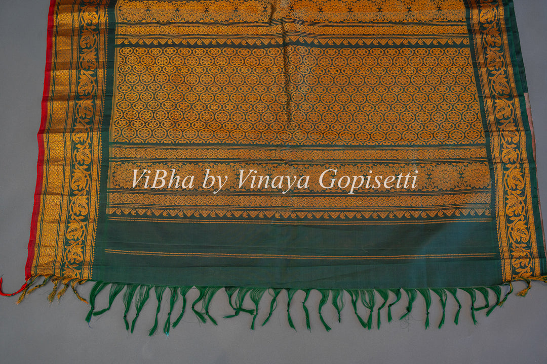 Peach and Dark Green Gadwal SIlk Saree with Blouse