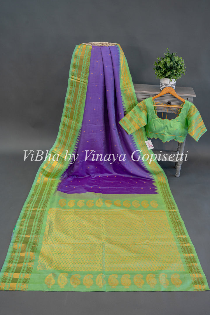 Mint Green And Purple Gadwal Silk Saree And Blouse