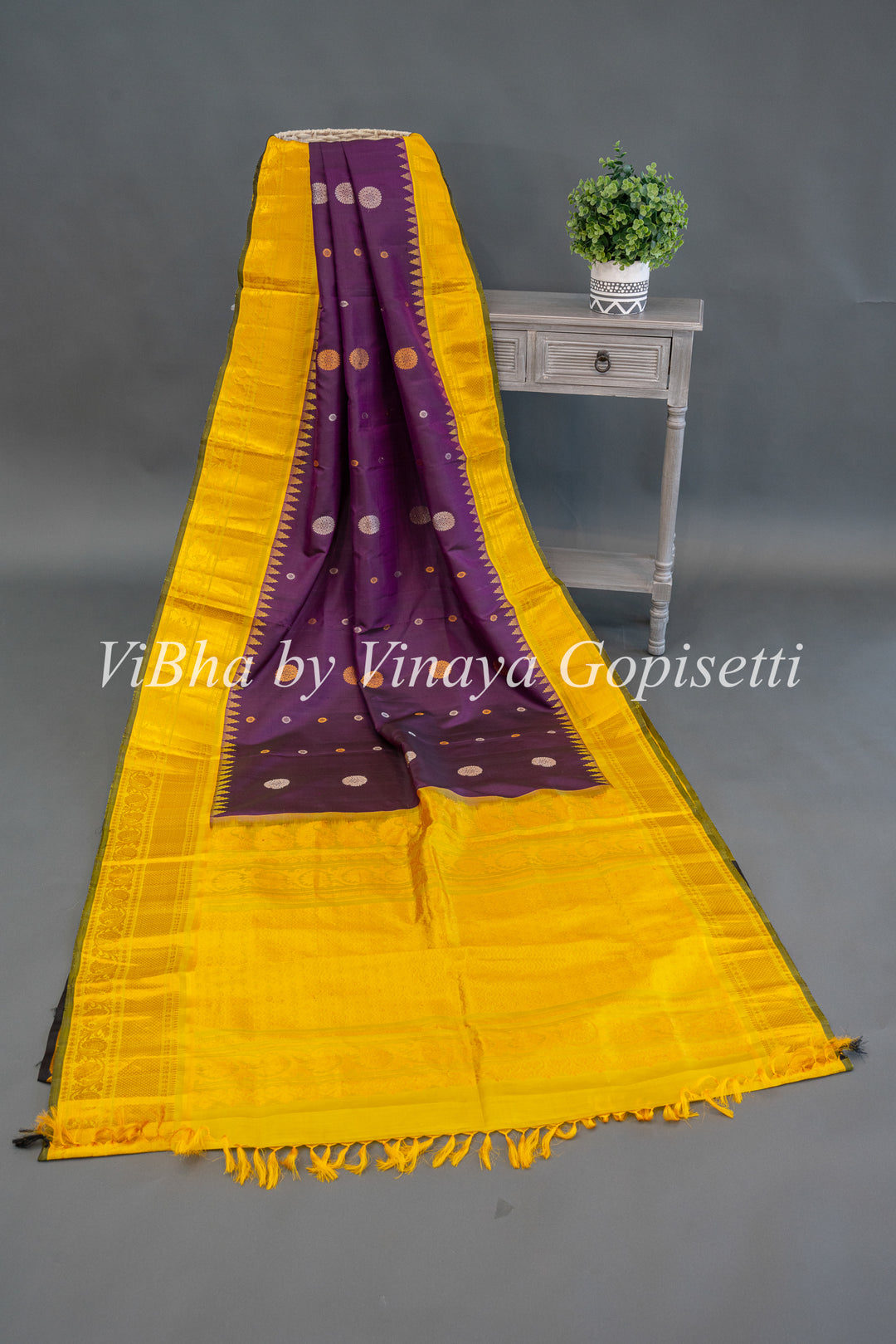 Violet and Yellow Gadwal Silk Saree And Blouse