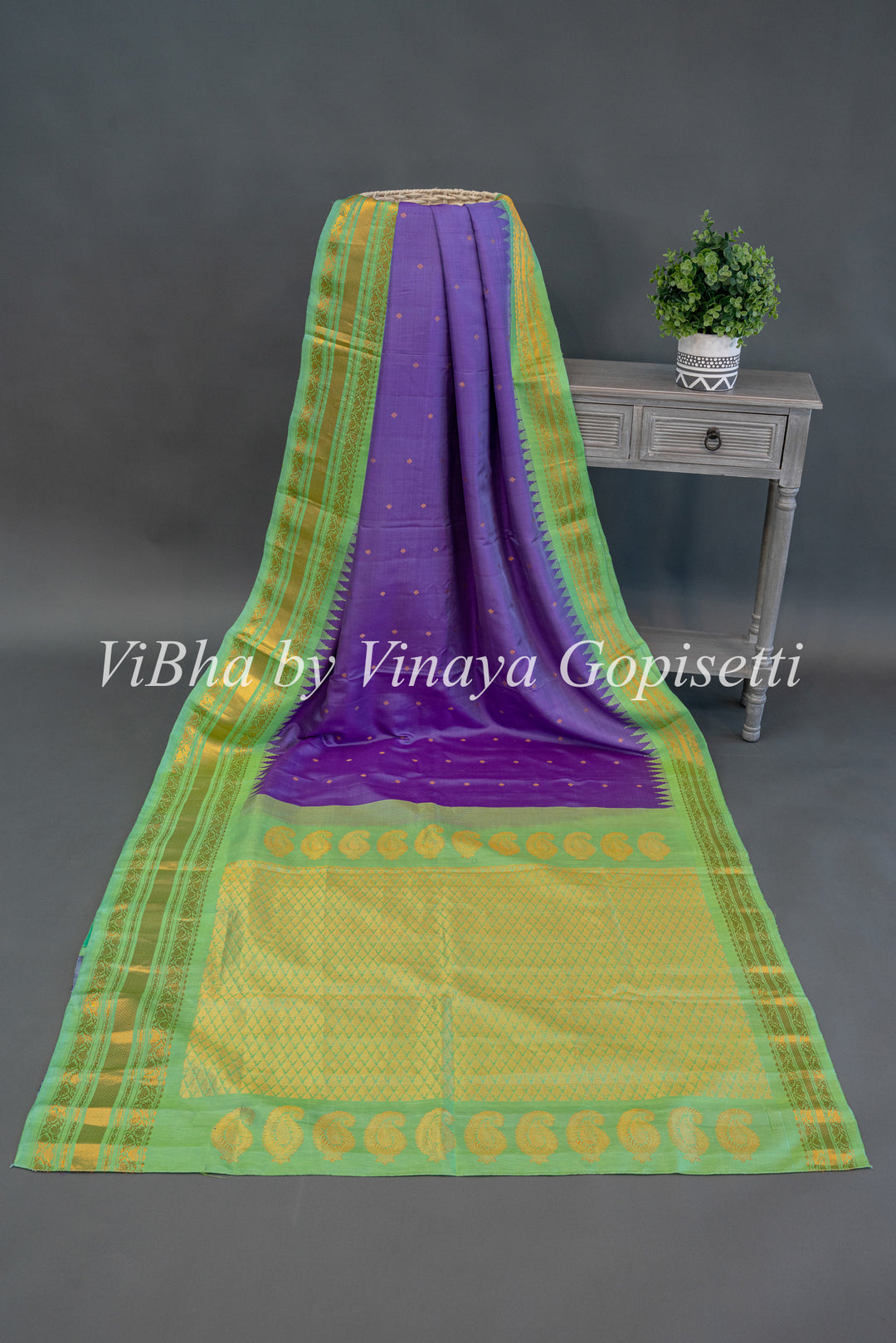 Mint Green And Purple Gadwal Silk Saree And Blouse