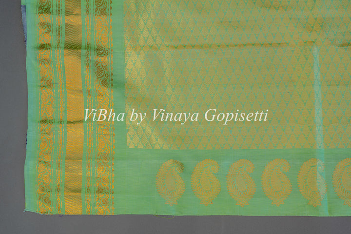 Mint Green And Purple Gadwal Silk Saree And Blouse