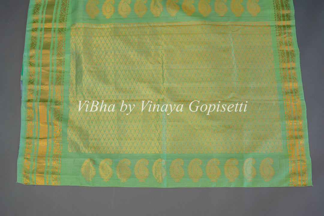 Mint Green And Purple Gadwal Silk Saree And Blouse