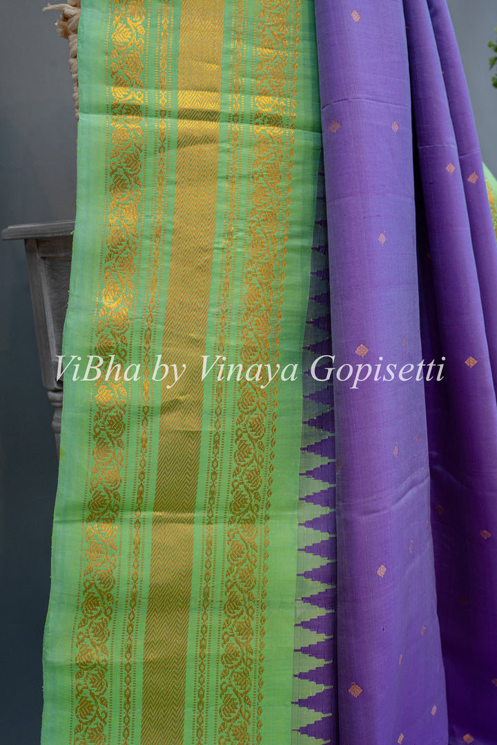 Mint Green And Purple Gadwal Silk Saree And Blouse