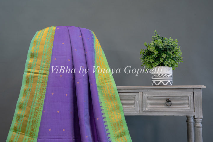 Mint Green And Purple Gadwal Silk Saree And Blouse