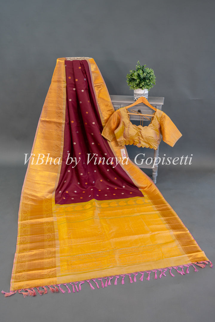 Magenta and Gold Gadwal Silk Saree with Blouse