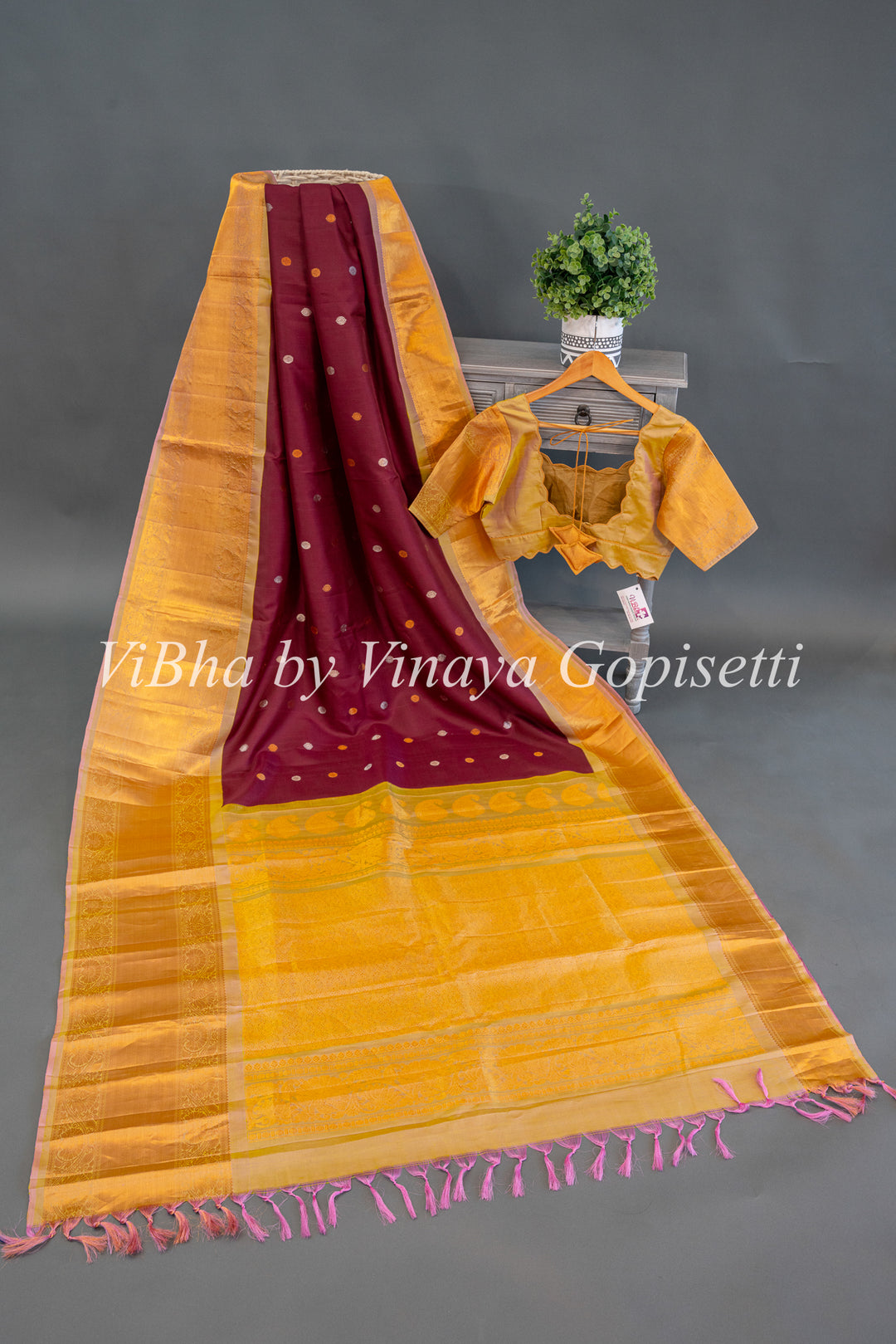 Magenta and Gold Gadwal Silk Saree with Blouse