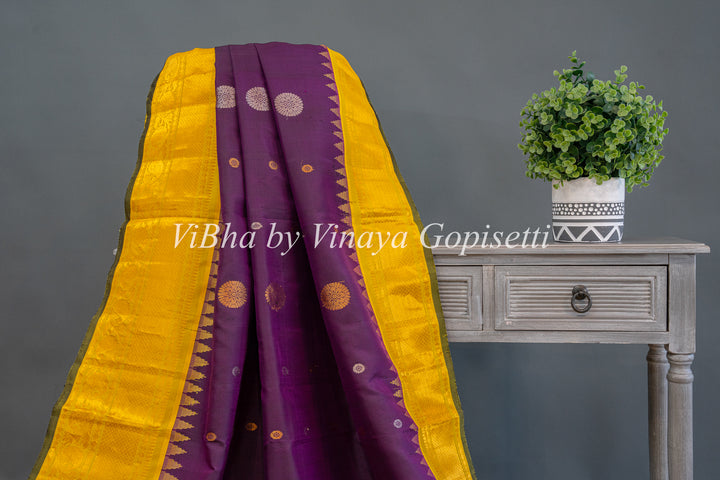 Violet and Yellow Gadwal Silk Saree And Blouse