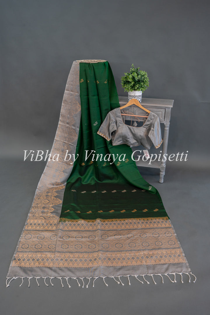 Emerald Green  and Light Grey Kanchi Soft Silk Saree And Blouse