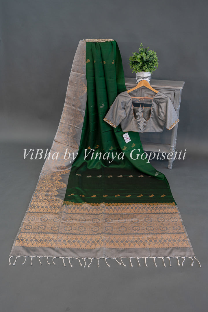 Emerald Green  and Light Grey Kanchi Soft Silk Saree And Blouse