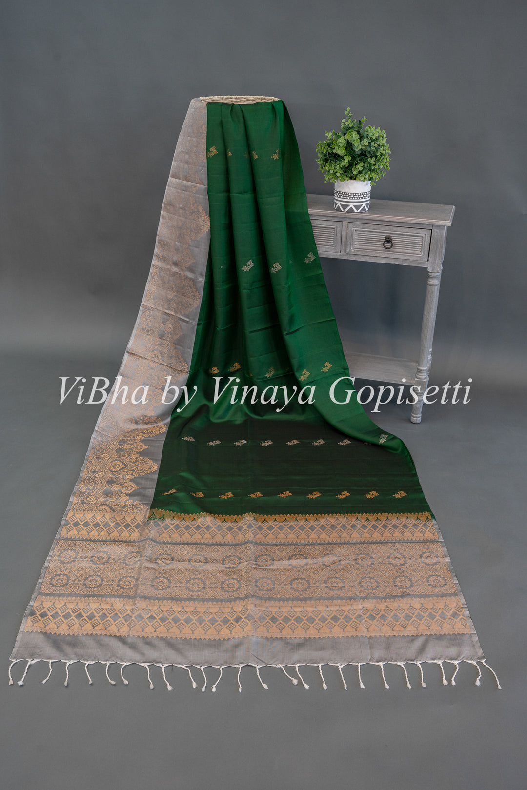 Emerald Green  and Light Grey Kanchi Soft Silk Saree And Blouse