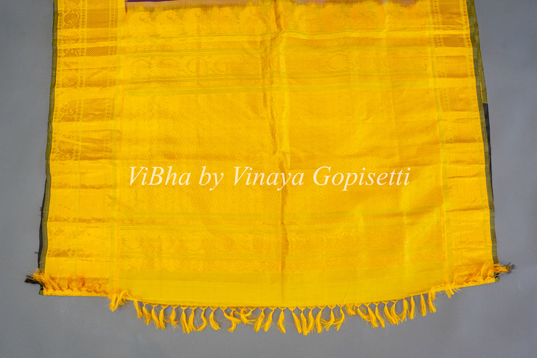 Violet and Yellow Gadwal Silk Saree And Blouse