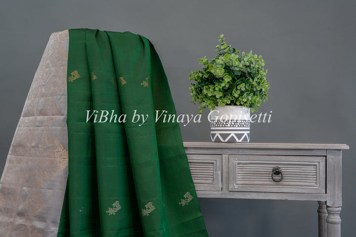 Emerald Green  and Light Grey Kanchi Soft Silk Saree And Blouse