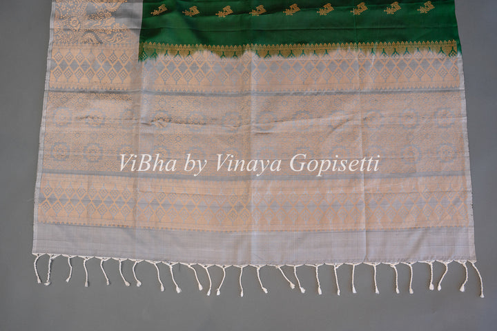 Emerald Green  and Light Grey Kanchi Soft Silk Saree And Blouse