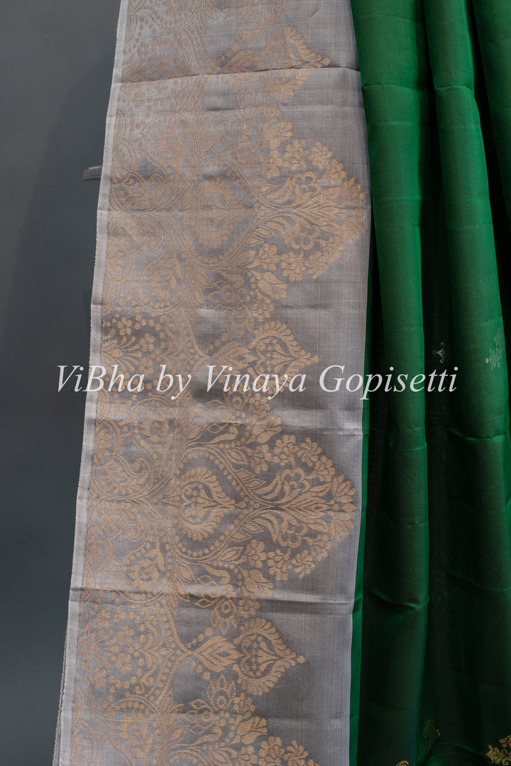 Emerald Green  and Light Grey Kanchi Soft Silk Saree And Blouse