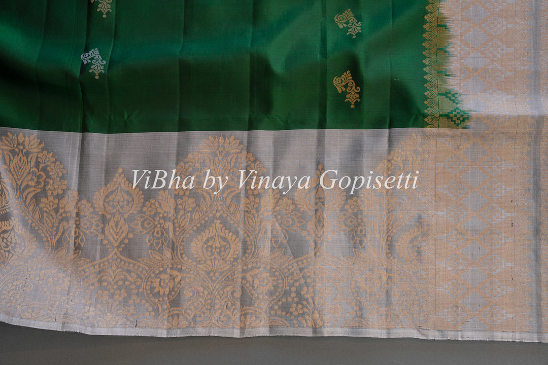 Emerald Green  and Light Grey Kanchi Soft Silk Saree And Blouse