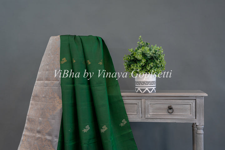 Emerald Green  and Light Grey Kanchi Soft Silk Saree And Blouse