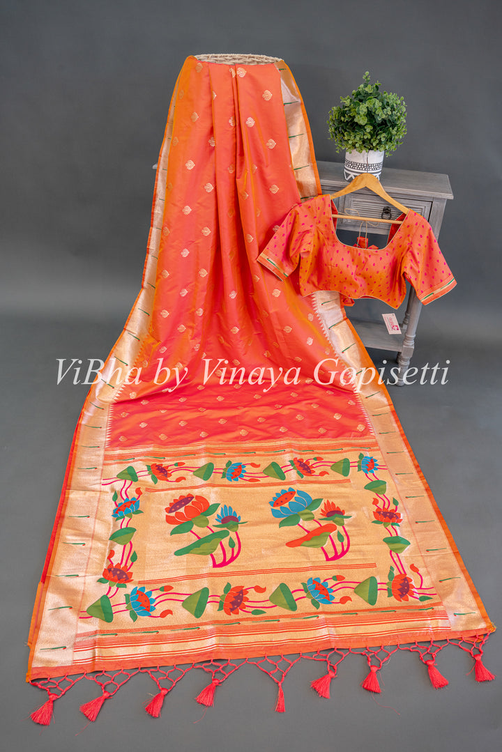 Apricot Paithani Soft Silk Saree With Floral Paithani Pallu