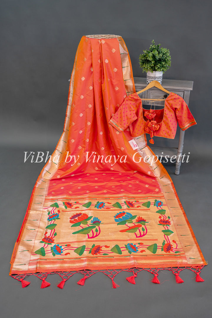 Apricot Paithani Soft Silk Saree With Floral Paithani Pallu