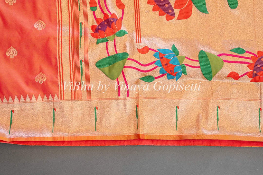 Apricot Paithani Soft Silk Saree With Floral Paithani Pallu