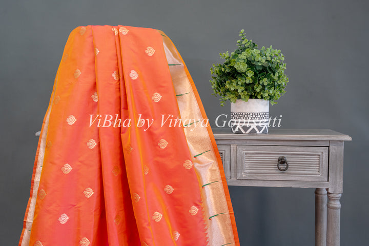 Apricot Paithani Soft Silk Saree With Floral Paithani Pallu