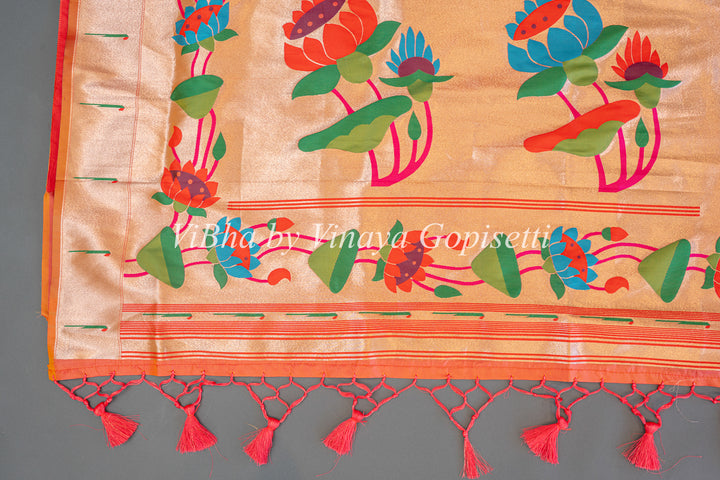 Apricot Paithani Soft Silk Saree With Floral Paithani Pallu