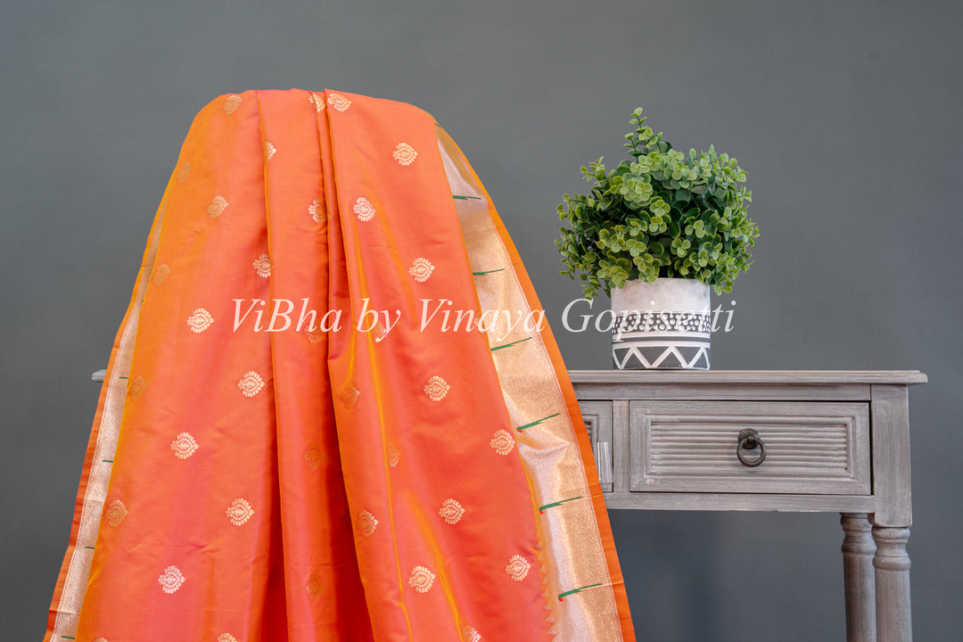 Apricot Paithani Soft Silk Saree With Floral Paithani Pallu