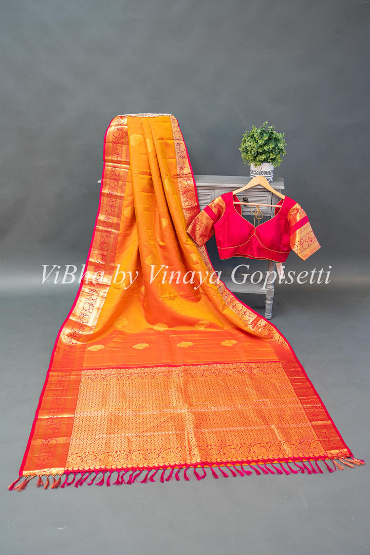 Orangish Yellow Kanchi Silk Saree And Blouse