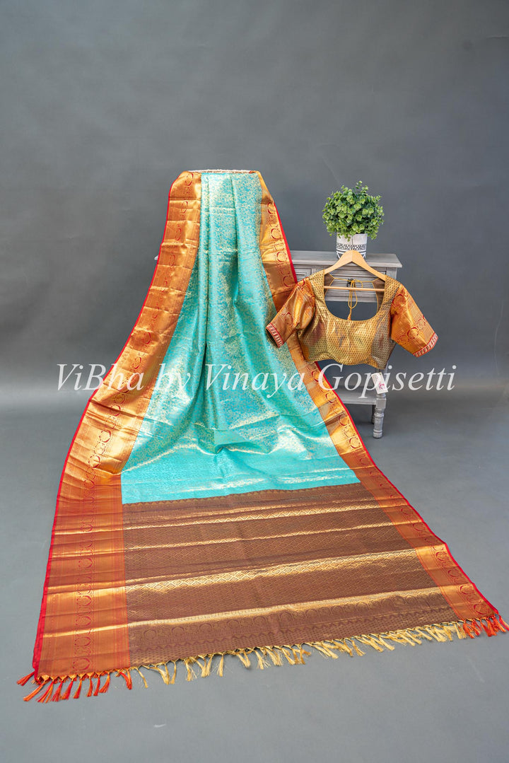 SkyBlue And Red Tissue Kanchi Silk Saree With Blouse