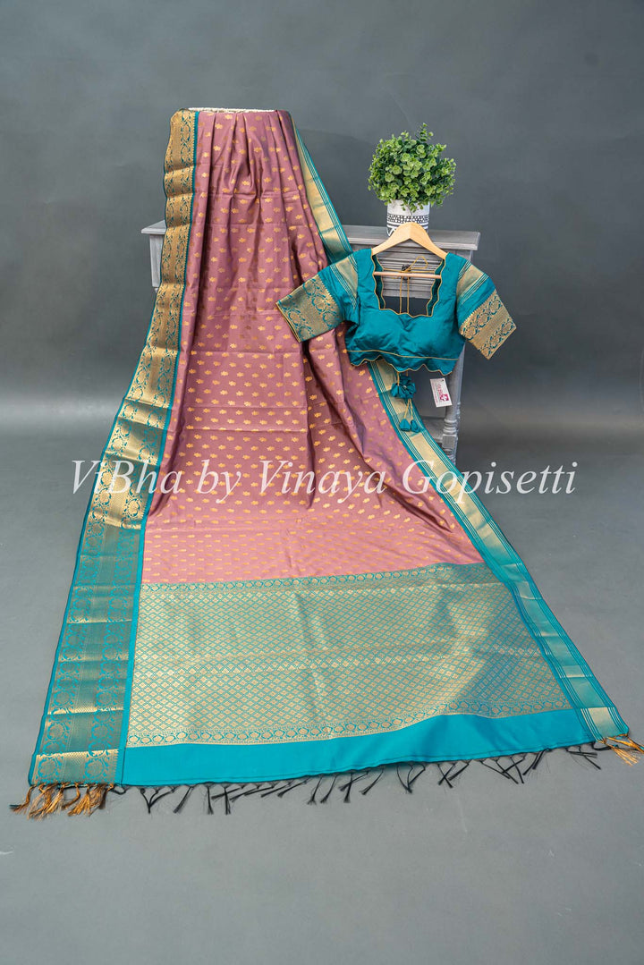 Mauve and Sea Green Kanchi Silk Saree and Blouse